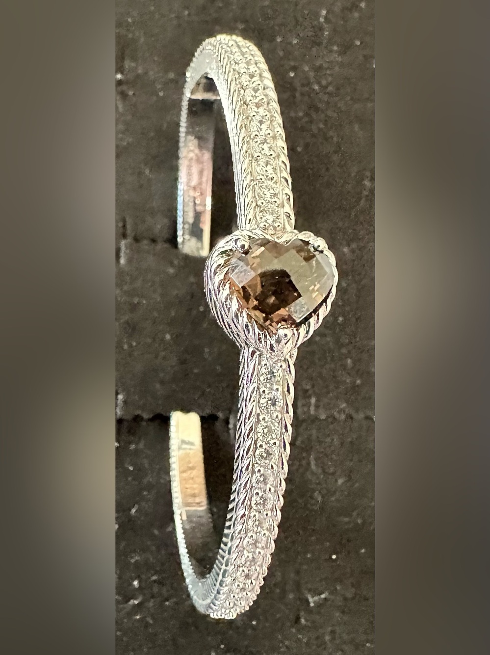 Judith Ripka 925 Sterling Silver Smoky Quartz CZ Heart Hinged Bangle Bracelet